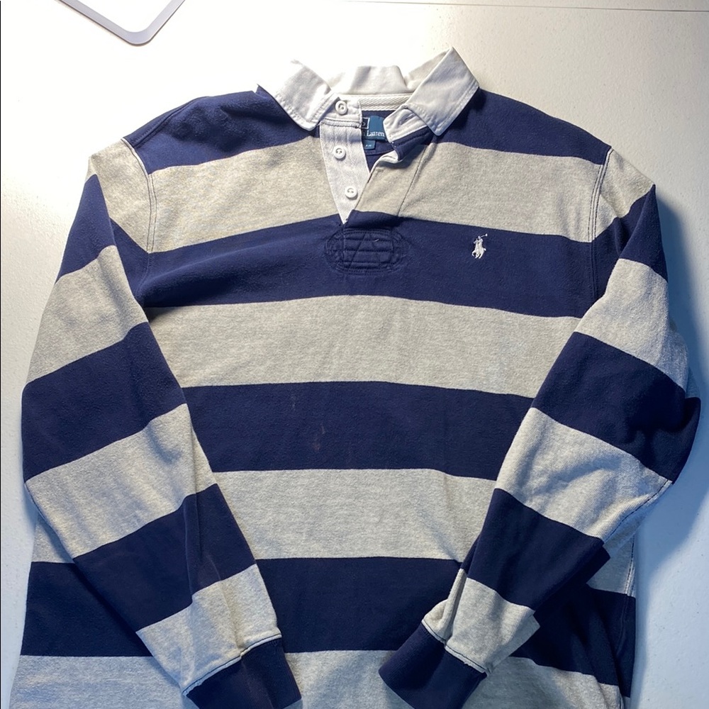 Ralph Lauren Navy and Gray Striped Rugby Shirt VINTAGE